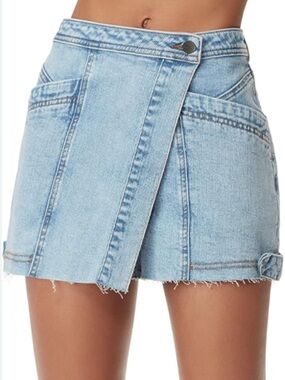 High-Rise Light Blue Denim Wrap-Front Jean Shorts